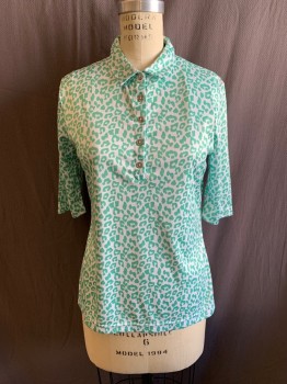 NVO, Mint Green, White, Polyester, Animal Print, C.A., 1/4 Button Front, S/S