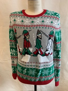 UGLY CHRISTMAS SWTR., Gray, Red, Green, Cotton, Acrylic, Holiday, Elves Crossing The Street Like The Beatles, Snowflakes Musical Notes, L/S,