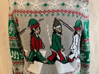 UGLY CHRISTMAS SWTR., Gray, Red, Green, Cotton, Acrylic, Holiday, Elves Crossing The Street Like The Beatles, Snowflakes Musical Notes, L/S,