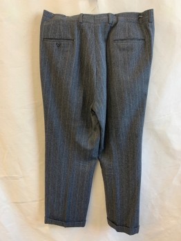 BURBERRY, Dk Gray, Lt Blue, Green, White, Baby Blue, Wool, Herringbone, Stripes, Pleated Front, Zip Fly, Button Closure, 4 Pockets, Belt Loops, Cuffed