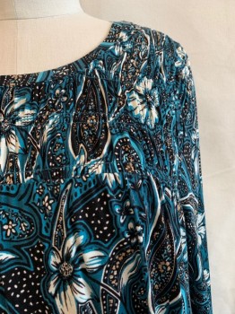 LANE BRYANT, Teal Green, Multi-color, Rayon, Spandex, Floral, Paisley/Swirls, Round Neck, L/S, Ruched Bust, Black and White Paisley, Tan Details