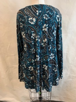 LANE BRYANT, Teal Green, Multi-color, Rayon, Spandex, Floral, Paisley/Swirls, Round Neck, L/S, Ruched Bust, Black and White Paisley, Tan Details