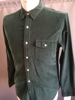 J CREW, Dk Green, Cotton, Long Sleeves, Corduroy, Button Front, 1 Pocket with Flap