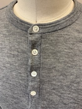 ONTHISDAY, Gray, Wool, Heathered, Henley 4 Button Closure, Band Collar, L/S