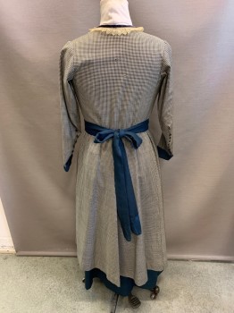 Womens, Dress 1890s-1910s, NL, Navy Blue, Beige, Cotton, Houndstooth, W: 30, B: 38, Square Neckline, Beige Lace Ruffles at Center of Bodice, Navy Velvet Trim, Beige Lace Trim, Snap Front, Snap Waist, Belted Waist, L/S, Navy Cuffs, Navy Solid Panel at Center Front of Skirt, Floor Length Hem
