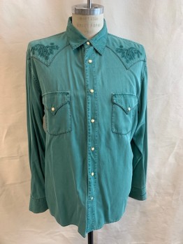 Mens, Western, RYAN MICHAEL, Forest Green, Silk, Cotton, Solid, Floral, L, Collar Attached, Snap Front, Long Sleeves, 2 Pockets, Pointed Yoke with Brown Stitching, Floral Embroidery, 4 Snap Cuffs