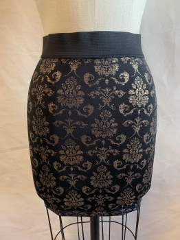 MATERIAL GIRL, Black, Gold, Polyester, Floral, Black Thick Elastic Waistband, Gold Floral Painted On
