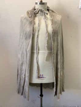 Unisex, Sci-Fi/Fantasy Cape/Cloak, N/L, Gray, Cotton, Mottled, Solid, O/S, Very Aged Overdyed Canvas, Raw Frayed Edges Throughout, Collar Attached, Self Ties at Neck, Ankle Length, No Lining, Made To Order