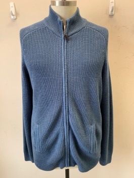 LL BEAN, Blue, Cotton, Heathered, L/S, Zip Front, Welt Pocket, Large Rib Knit, Leather Zipper Pull
