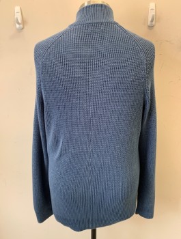 LL BEAN, Blue, Cotton, Heathered, L/S, Zip Front, Welt Pocket, Large Rib Knit, Leather Zipper Pull
