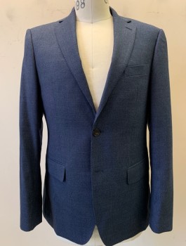 M&S, Blue, Wool, Solid, 2 Button, Flap Pockets, Double Vent