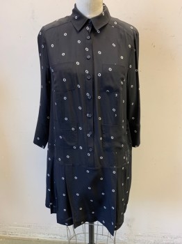 J. CREW, Black, White, Silk, Polyester, Circles, Collar Attached, Button Front, Long Sleeves, 4 Small Patch Pockets, Pleated Hem