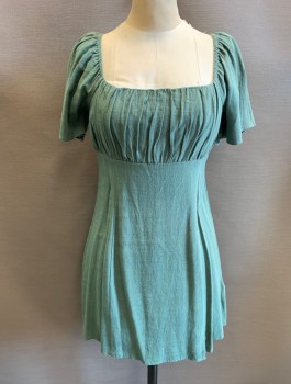 MP C , Jade Green, Linen, Viscose, Solid, Off the Shoulder Sleeves, Mini Dress, Empire Waist, Gathered Bust Area, Invisible Zipper in Back
