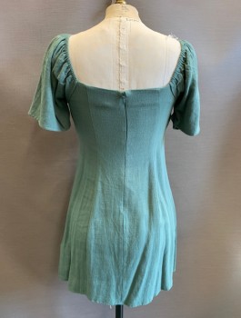 MP C , Jade Green, Linen, Viscose, Solid, Off the Shoulder Sleeves, Mini Dress, Empire Waist, Gathered Bust Area, Invisible Zipper in Back