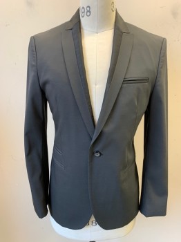 ZARA, Charcoal Gray, Black, Polyester, Wool, Sharkskin Weave, Single Breasted, Thin Peaked Lapel, Slim Fit,1 Button, 4 Welt Pockets