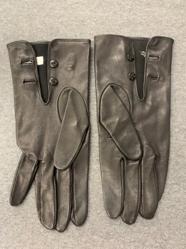 Mens, Leather Gloves, PAMELA WOODS, Black, Leather, Solid, Wrist Length, 2 Black Buttons