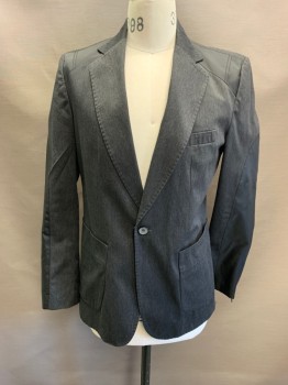 ZARA, Dk Gray, Poly/Cotton, Nylon, Heathered, Notched Lapel, Single Breasted, Button Front, 1 Buttons, 3 Pockets, Black Panel At Shoulders & Elbow Patch, Zipper At Cuffs