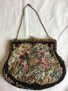 Womens, Purse 1890s-1910s, Black, Multi-color, Floral, Multicolor Floral Needlepoint Purse, Antique Gold with Multicolor Gem Detail, One Chain Strap, Beautiful & Perfect Condition, Inside The Silk Is Rotting,