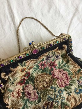 Womens, Purse 1890s-1910s, Black, Multi-color, Floral, Multicolor Floral Needlepoint Purse, Antique Gold with Multicolor Gem Detail, One Chain Strap, Beautiful & Perfect Condition, Inside The Silk Is Rotting,