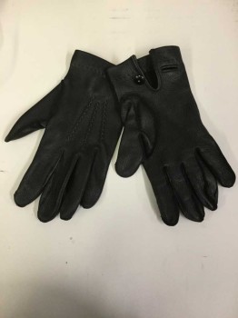 Mens, Leather Gloves, N/L, Black, Leather, Text, M/L, GLOVES:  Black Texture, 3 Zig-zag Seams On Top, Hand Stitches On Top Folded Rim, 1 Button