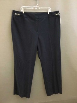 ELLEN TRACY, Navy Blue, Polyester, Lycra, Solid, High Rise, Straight Leg, Zip Fly, With Wide Waistband. Silver Chain Detail At Side Waist, 3 Pockets,