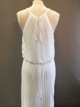 AQUA, White, Polyester, Solid, Accordian Pleated Halter Dress, Elastic Waist, Bloused Out Top, Floor Length Hem, Keyhole Back with Hook & Eye Closure, Beaded Tassel Neck Tie, Double Spaghetti Straps
