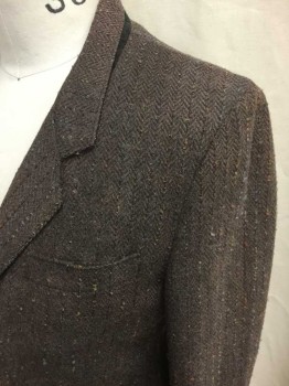 Mens, Jacket 1890s-1910s, NO LABEL, Brown, Multi-color, Wool, Stripes, Herringbone, 38, Single Breasted, 3 Button Closure, 3 Pockets, Brown with Multicolor Woven Threads,