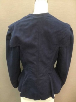 Womens, Jacket 1890s-1910s, N/L, Navy Blue, Lt Gray, Wool, Stripes - Pin, W:30, B:34, Long Sleeves, 4 Self Fabric Covered Buttons, V-neck, Right Angled Collar/Panel That Extends To Hem, Puffy Sleeves with Gathered Shoulders, Made To Order,