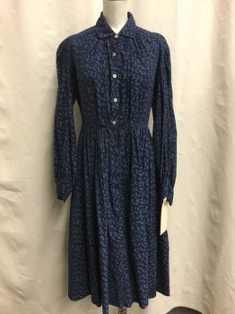 Womens, Dress 1890s-1910s, NO LABEL, Navy Blue, Blue, White, Cotton, Floral, Polka Dots, 26, 34, Long Sleeves, Button Front, Collar Attached, Hem Below Knee, Shirring At Waist and Bust, Button Cuffs,