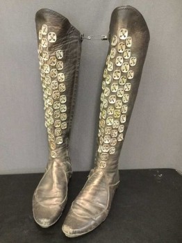 Womens, Sci-Fi/Fantasy Boots , MTO, Brown, Silver, Bronze Metallic, Leather, 8.5, Made To Order, Knee High, Silver Plates Sewn On with X, Zipper, Multiples