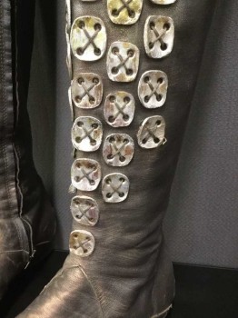 Womens, Sci-Fi/Fantasy Boots , MTO, Brown, Silver, Bronze Metallic, Leather, 8.5, Made To Order, Knee High, Silver Plates Sewn On with X, Zipper, Multiples