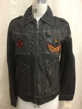 GUESS JEANS, Tobacco Brown, Leather, Mottled, Zip Front, Patches, 4 Zipper Pocket, Epaulets, 1940's 1950's Looking Airforce Flight Jacket, Multiples