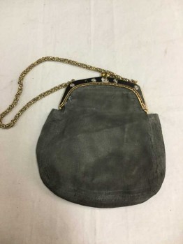 Womens, Purse 1890s-1910s, N/L, Slate Gray, Black, Gold, Silk, Solid, with Gold U-shape Closure Painted Black with Purple Flowers, Gold Chain,