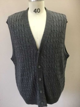 Mens, Vest, SANS A BELT, Gray, Wool, Acrylic, Cable Knit, 2X, V-neck, 5 Buttons, Ribbed Knit Armholes/Waistband/Placket