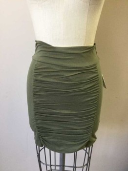 SOPRANO, Olive Green, Cotton, Spandex, Solid, Stretch Skirt, Wide Waistband, Ruched Front Panel