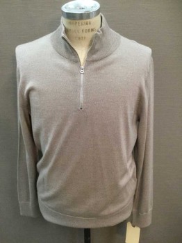 J. CREW, Lt Brown, Wool, Solid, L/S, 1/4 Zip Up, High Ribbed Knit Collar, Ribbed Knit Cuff/Waist