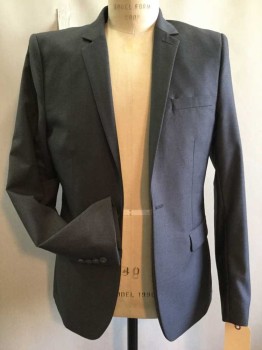 TOPMAN, Gray, Polyester, Viscose, Solid, 1 Button, Narrow Notched Lapel,