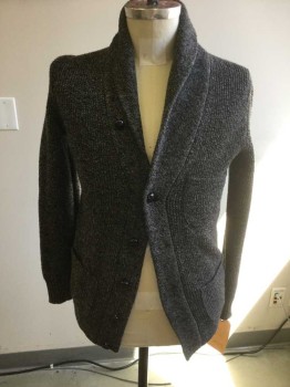 J Crew, Black, Lt Gray, Wool, Polyester, Basket Weave, Cardigan : Black& Light Grey Woven Knit Shawl Collar Button Front, with2 Frnt Pkts