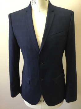 ZARA, Navy Blue, Blue, Polyester, Spandex, Plaid, Single Breasted, Thin Collar Attached, Thin Notched Lapel, 2 Buttons,  3 Pockets