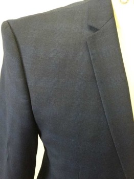 ZARA, Navy Blue, Blue, Polyester, Spandex, Plaid, Single Breasted, Thin Collar Attached, Thin Notched Lapel, 2 Buttons,  3 Pockets