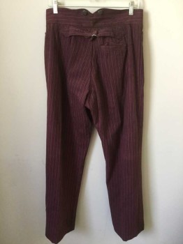 WAH MAKER, Red Burgundy, Charcoal Gray, Cotton, Stripes - Vertical , Thin Vertical Striped Twill, Flat Front, Button Fly, 3 Pockets Plus One Watch Pocket, Suspender Buttons On Outside Waist, Belted Back, Reproduction "Old West" Style Pants