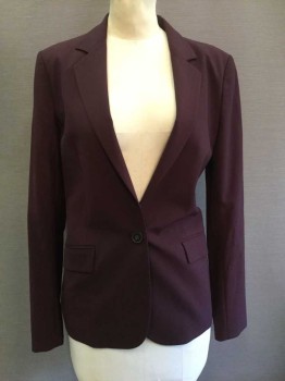 THEORY, Red Burgundy, Wool, Spandex, Solid, Collar Attached, Notched Lapel, Long Sleeves, Single Breasted, 1 Button, 2 Pockets
