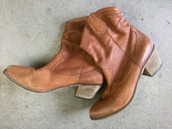 Womens, Cowboy Boots, ALDO, Caramel Brown, Leather, Solid, 9, Ankle Length, 2" Wood Cuban Heel, Plain/No Embellishment, Lightly Worn at Toes