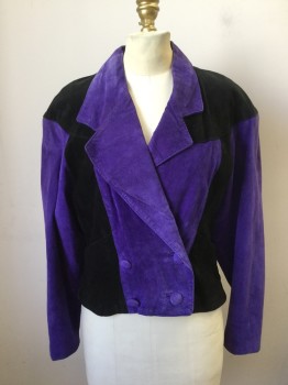 Womens, Leather Jacket, I.O.U. CUIR CLASSIQU, Purple, Black, Suede, Color Blocking, B 34, M, Double Breasted, Short Jacket, C.A., Black Shoulders/Back Yoke/Sides, Purple L/S/Center Front/Collar/Back Panel, Purple Suede Covered 4 Buttons