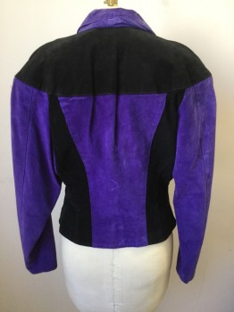 Womens, Leather Jacket, I.O.U. CUIR CLASSIQU, Purple, Black, Suede, Color Blocking, B 34, M, Double Breasted, Short Jacket, C.A., Black Shoulders/Back Yoke/Sides, Purple L/S/Center Front/Collar/Back Panel, Purple Suede Covered 4 Buttons