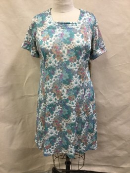 Womens, Housedress, DAMON, Teal Blue, White, Ochre Brown-Yellow, Lilac Purple, Polyester, Floral, M, Square Neck, Short Sleeves, Zip Back, Stitched Neck Line, Knee Length
