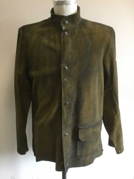 N/L, Brown, Suede, Solid, Welding Jacket, Suede, Snap Closures at Front, Stand Collar, No Lining, Assorted Pockets/Compartments, Leather is Very Worn