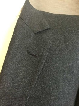 THE CLOTHIER, Charcoal Gray, Wool, Heathered, Notched Lapel, 2 Button Single Breasted, 1 Welt Pocket, 2 Pockets with Flaps. Single Vent Center Back,