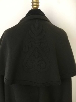 Womens, Cape 1890s-1910s, N/L, Dk Olive Grn, Black, Wool, Cotton, Solid, Dark Olive Wool with Self Applique Detail. Black Velveteen Collar with Wool Trim. Wool Caplet and Cape. No Lining