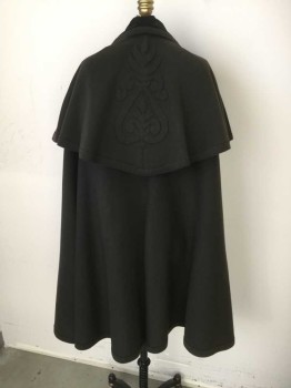 Womens, Cape 1890s-1910s, N/L, Dk Olive Grn, Black, Wool, Cotton, Solid, Dark Olive Wool with Self Applique Detail. Black Velveteen Collar with Wool Trim. Wool Caplet and Cape. No Lining